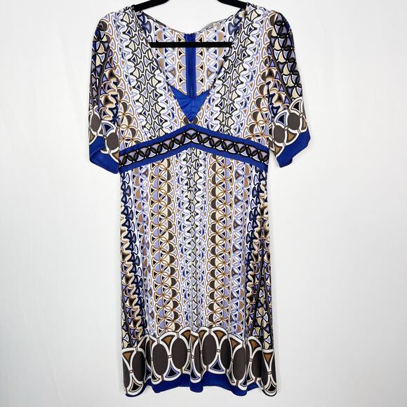 Elie Tahari Small Blue Purple Printed Silk Stretch Short Sleeve VNeck Dress Slip - Picture 1 of 11